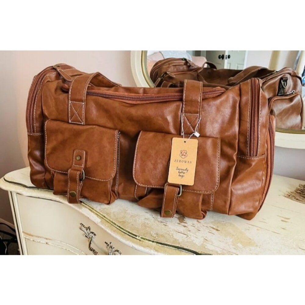 PU Leather Travel Duffel Bag with Shoe Pouch Large Carry on Bag Waterproof